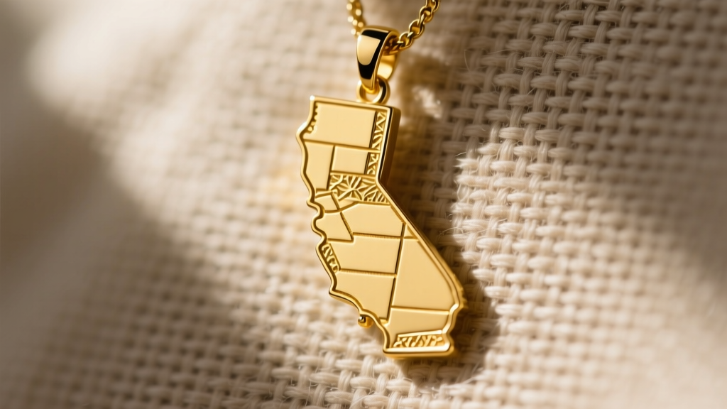 Close-up of a 14k solid gold California state map pendant on woven linen fabric, soft sunlight highlighting the engraved borders