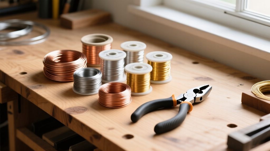 Overhead view of a wooden workbench with spools of bare copper, argentium silver, and gold-filled wire beside nylon jaw pliers