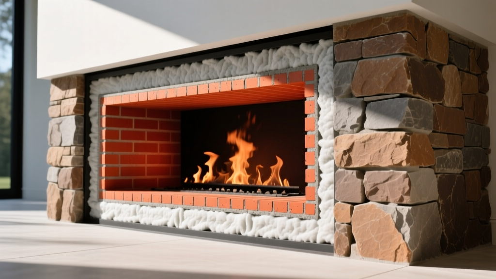 Cross-section of masonry fire pit showing inner refractory fire brick liner, ceramic fiber insulation, and outer stone veneer.
