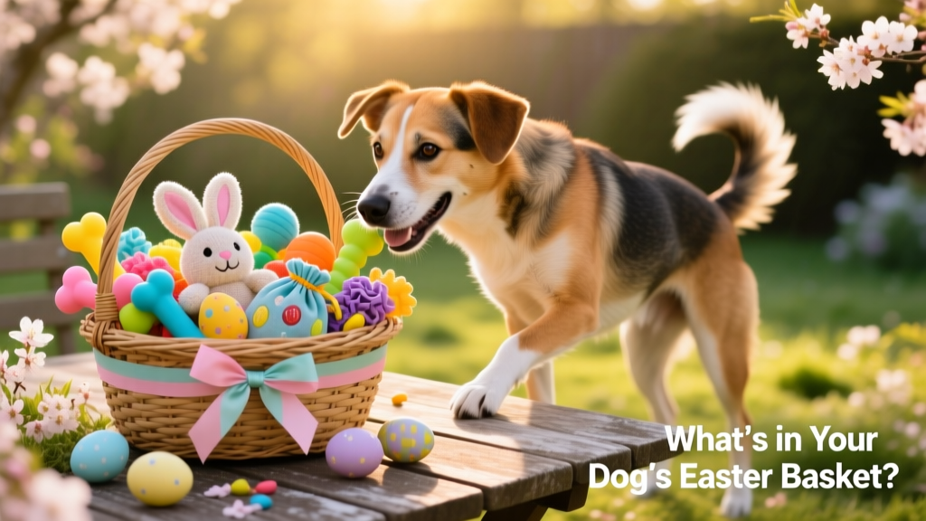 A happy dog enthusiastically exploring a colorful Easter basket filled with toys and treats