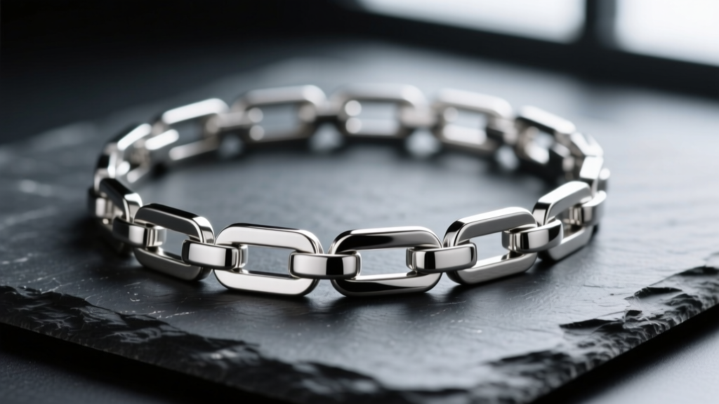 Macro shot of thick 316L stainless steel paperclip necklace on dark slate, highlighting flat rectangular interlocking metal links.
