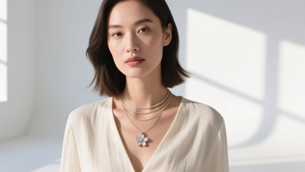 Woman wearing a layered necklace stack with a delicate Mia Fiore floral charm on a 1.2mm cable chain over a cream linen blouse