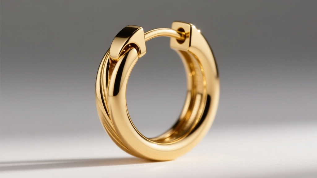 Macro shot of a seamless 18k gold hoop earring hinge closure mechanism, showing the precise interlocking snap joint.