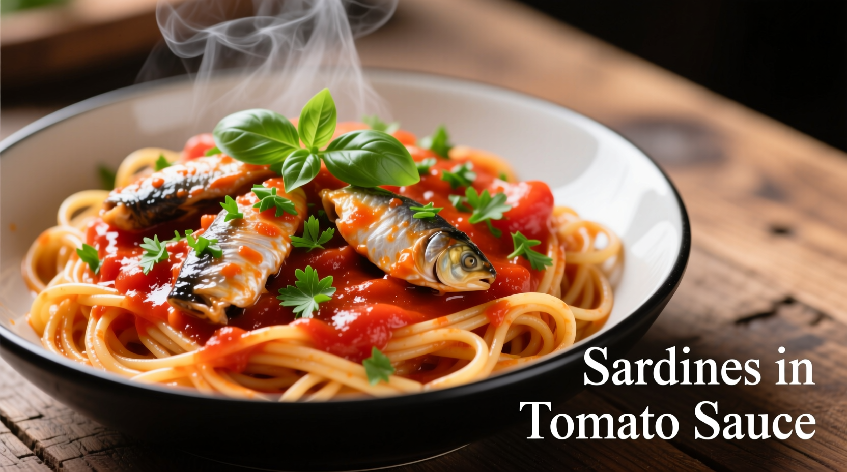 Sardines in tomato sauce served over pasta with fresh herbs