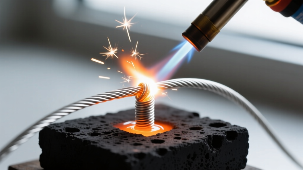 A glowing piece of 935 Argentium silver wire being fused at the joint with a butane micro-torch on a charcoal soldering block.