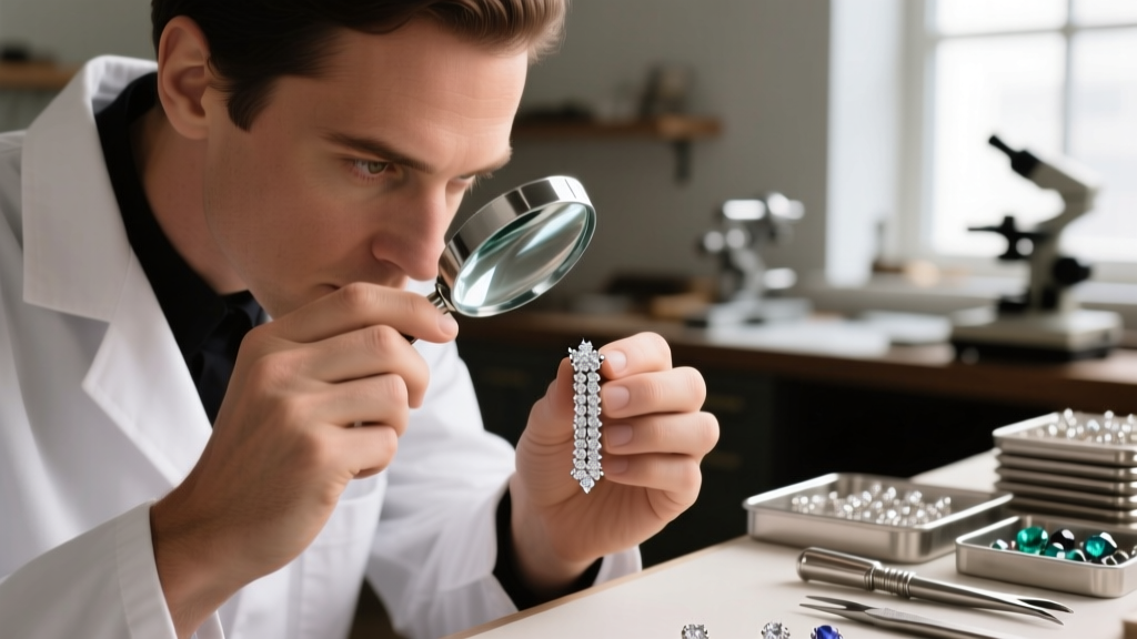 Jeweler using a loupe to inspect micro-prongs on a delicate platinum diamond bar earring against a blurred workshop background