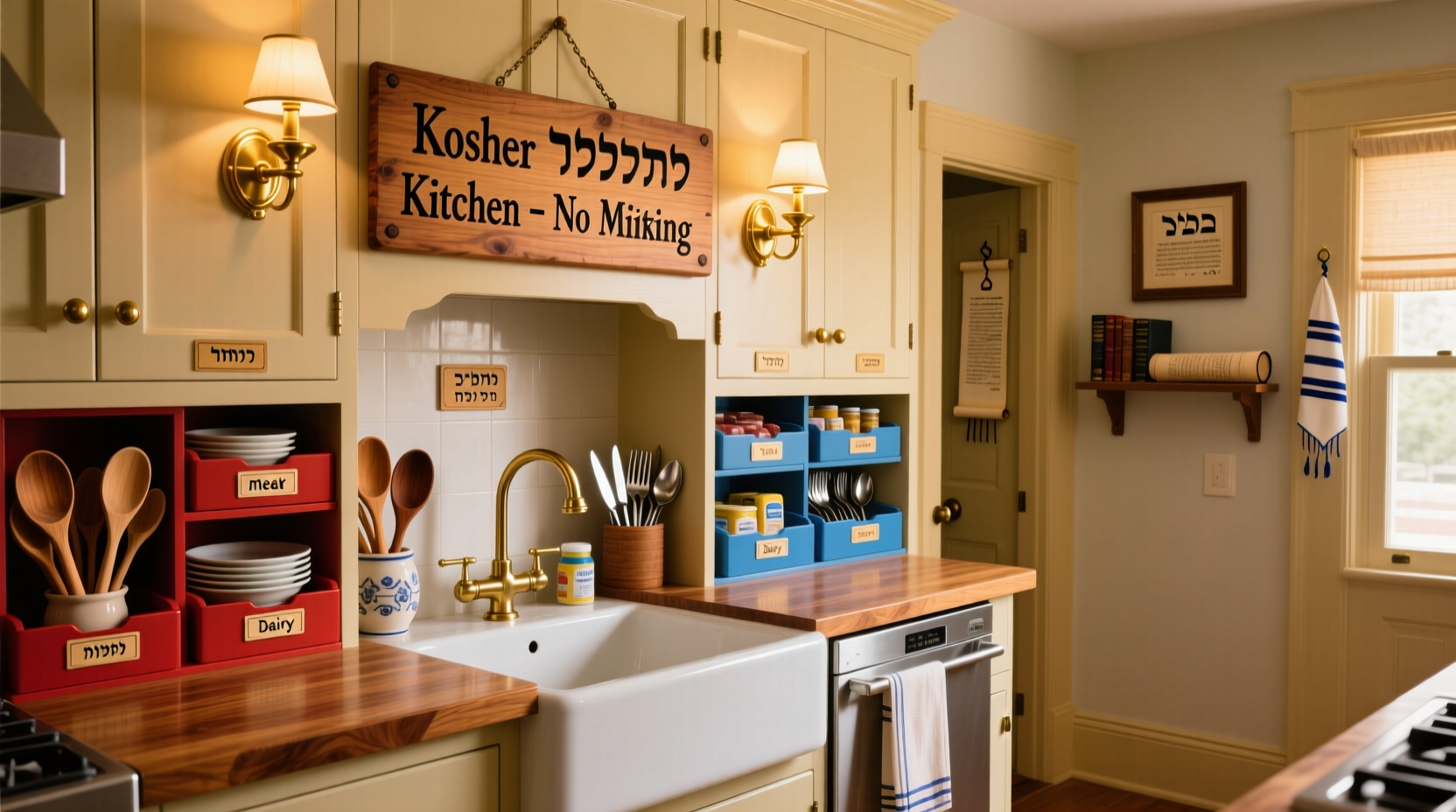 Traditional kosher kitchen with separate utensils