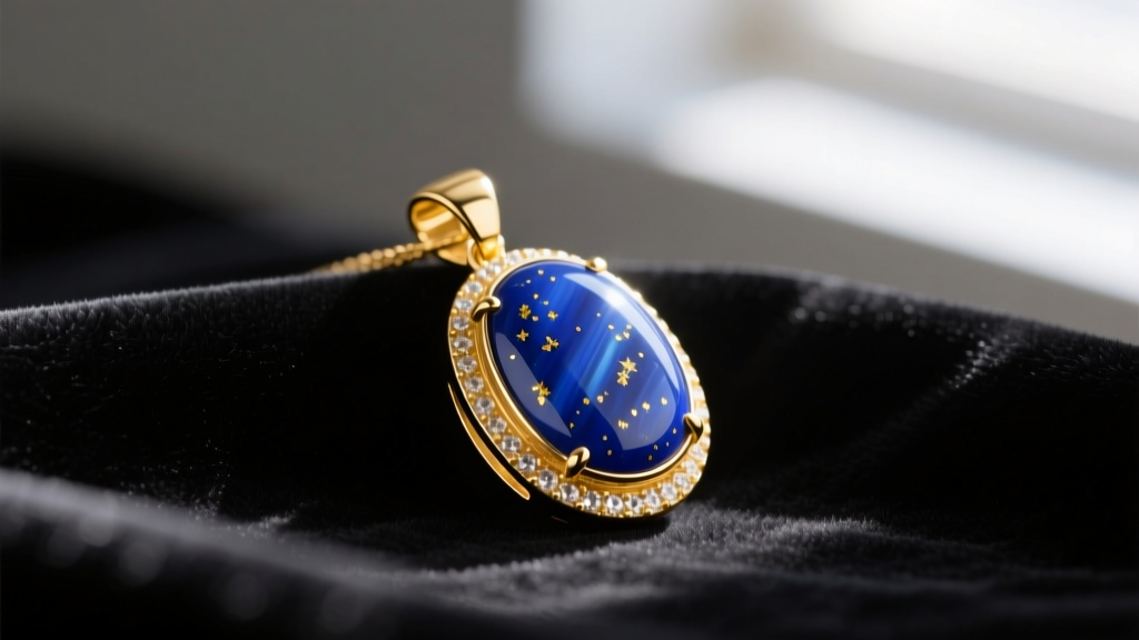 18k yellow gold pendant with deep blue Afghan lapis lazuli cabochon and golden pyrite flecks resting on dark velvet fabric