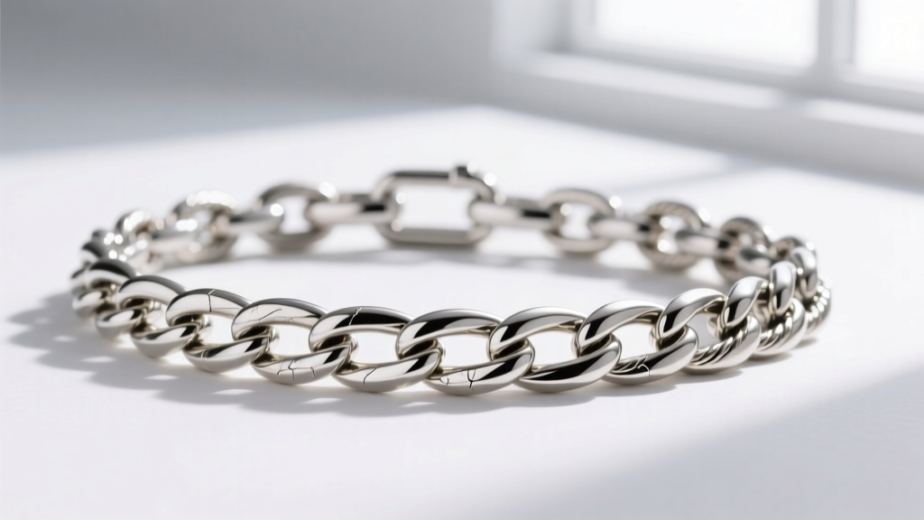 Macro shot of rhodium-plated 14k white gold figaro chain next to raw platinum 950 rope chain, highlighting subtle color shifts