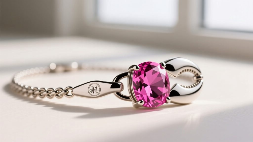 Side view of a bright pink spinel necklace clasp, showing hallmark stamp and secure lobster claw mechanism in polished platinum.