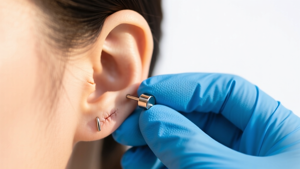 Blue gloves gripping a 16g titanium flat back earring, pulling it from a healed helix piercing under bright, clean studio light