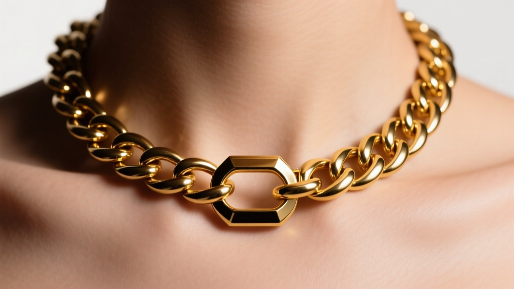 Close-up of a thick 10mm gold curb chain necklace on a collarbone, showing a heavy-duty lobster clasp under soft studio lighting.