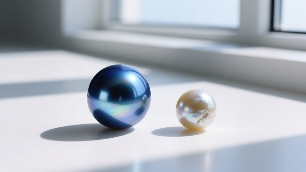 Comparison of a high-luster natural blue Tahitian pearl and a dull heavily treated dyed Akoya pearl under bright daylight
