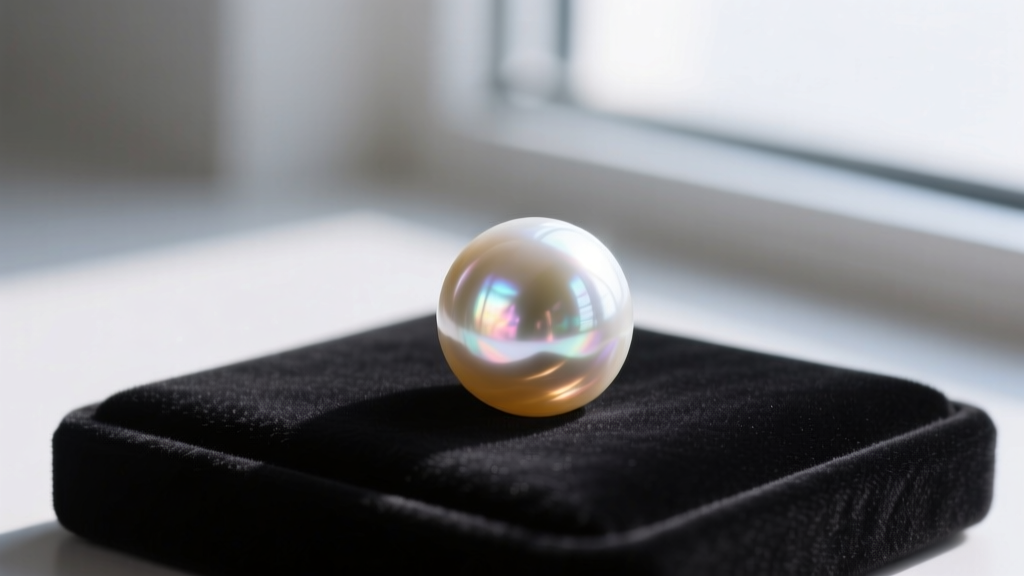 Macro shot of a single Gem-grade Lucoral pearl showing thick nacre and sharp reflections, resting on a dark jeweler's sorting tray
