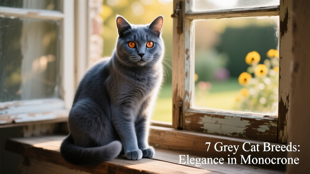 Chartreux cat sitting calmly on a wooden windowsill, showing its dense, wooly blue-grey coat and expressive copper eyes