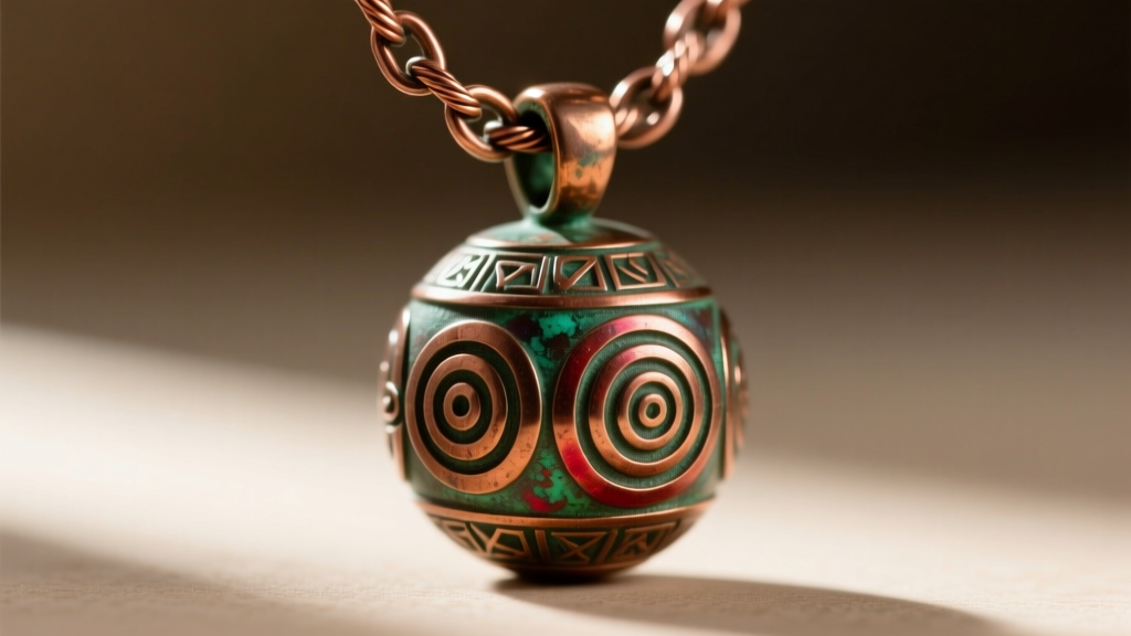 Macro shot of a 1.5mm oxidized cable chain threading through the bail of a textured bronze orb pendant, showing carved motifs.
