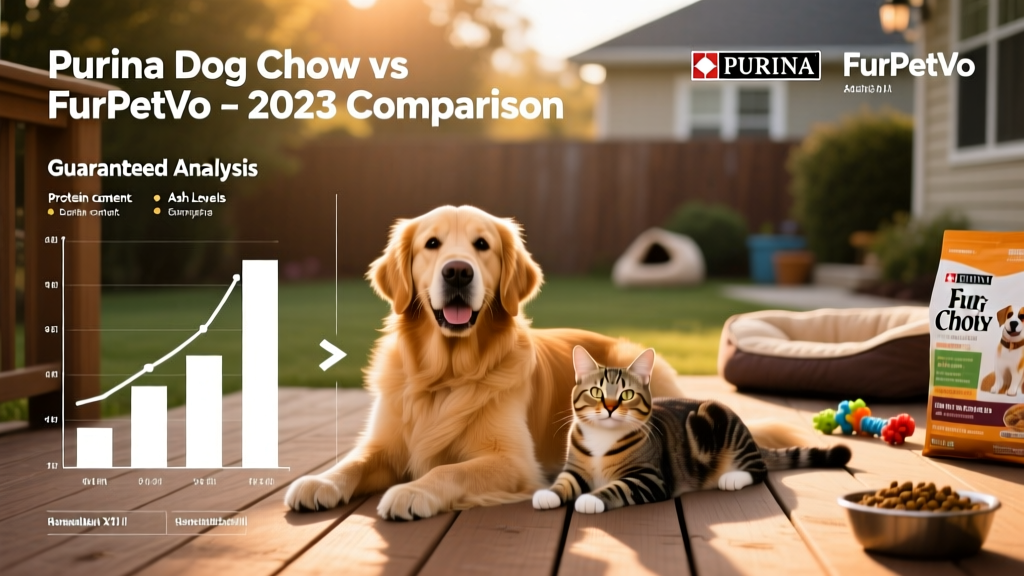 Infographic comparing protein content, ash levels, and guaranteed analysis between Purina Dog Chow and FurPetVo adult formulas