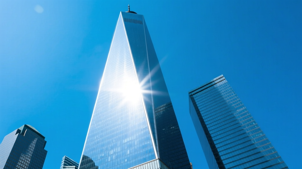 Dramatic low-angle architectural view of One World Trade Center glass facade reflecting sunlight against a clear blue sky over Manhattan
