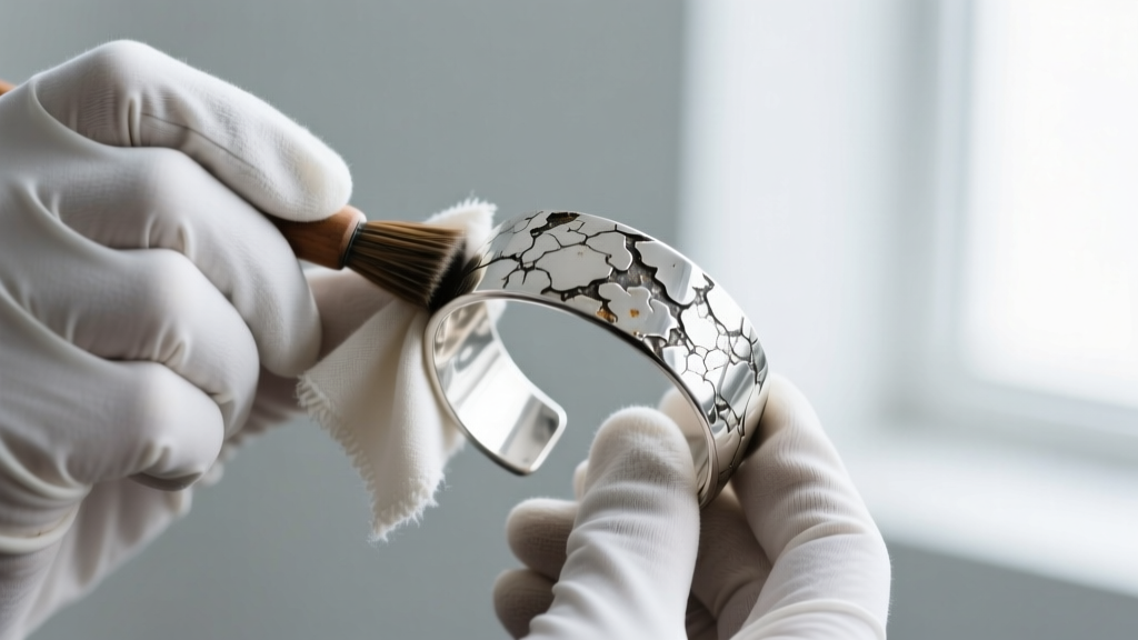 Cotton-gloved hands buffing an oxidized sterling silver cuff bracelet with a treated jeweler's rouge microfiber polishing cloth