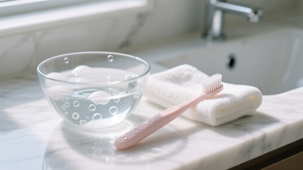 Glass bowl of soapy water, soft baby toothbrush, and microfiber cloth arranged on a bright white marble bathroom countertop.
