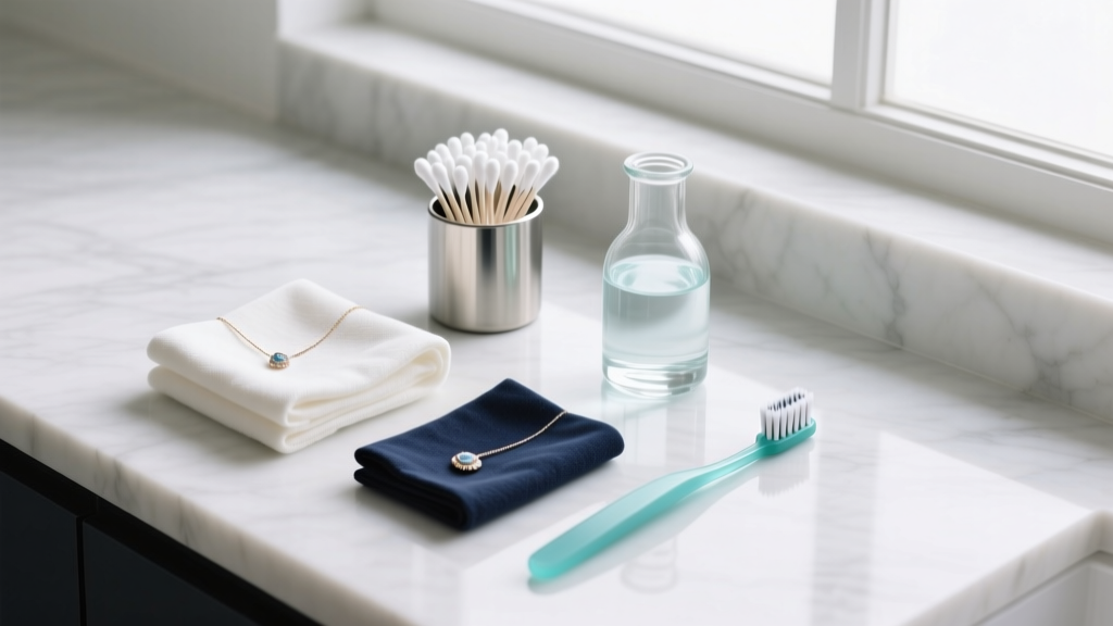 Overhead view of jewelry cleaning tools including lint-free microfiber cloths, cotton swabs, distilled water, and soft toothbrush