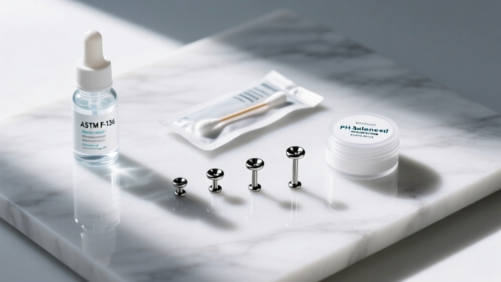 Flat lay of budget-friendly piercing aftercare supplies, sterile saline, and ASTM F-136 titanium labret studs on a marble surface.