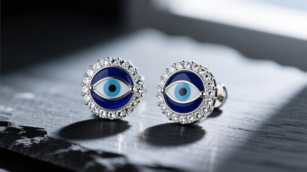 Close-up of 925 sterling silver evil eye stud earrings with blue enamel and cubic zirconia halo, resting on dark slate surface.