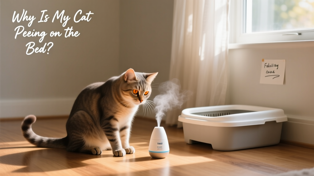 Cat interacting calmly with a Feliway diffuser and a clean, accessible litter box nearby