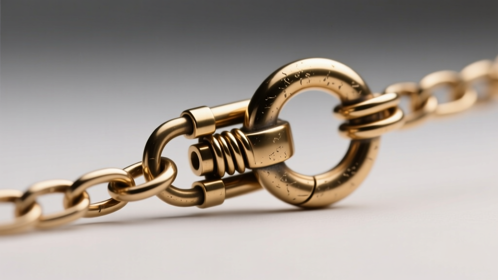 Macro shot of a 15mm brass lobster clasp on a 3mm curb chain, showing the soldered jump ring and spring mechanism in sharp focus.