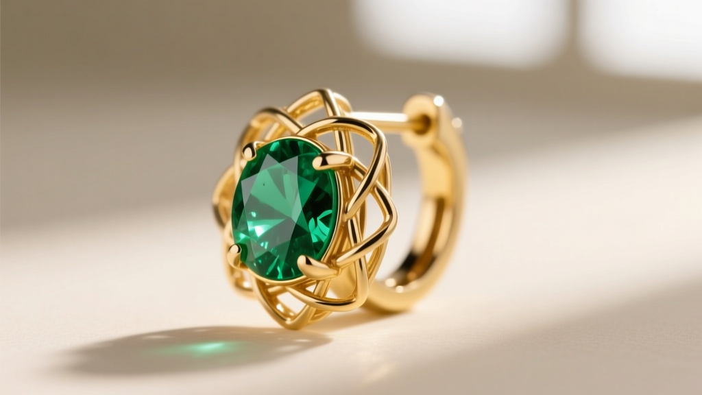 Close-up of a 14k yellow gold peep earring with an emerald, highlighting 20-gauge wirework and polished bezel edges in soft light