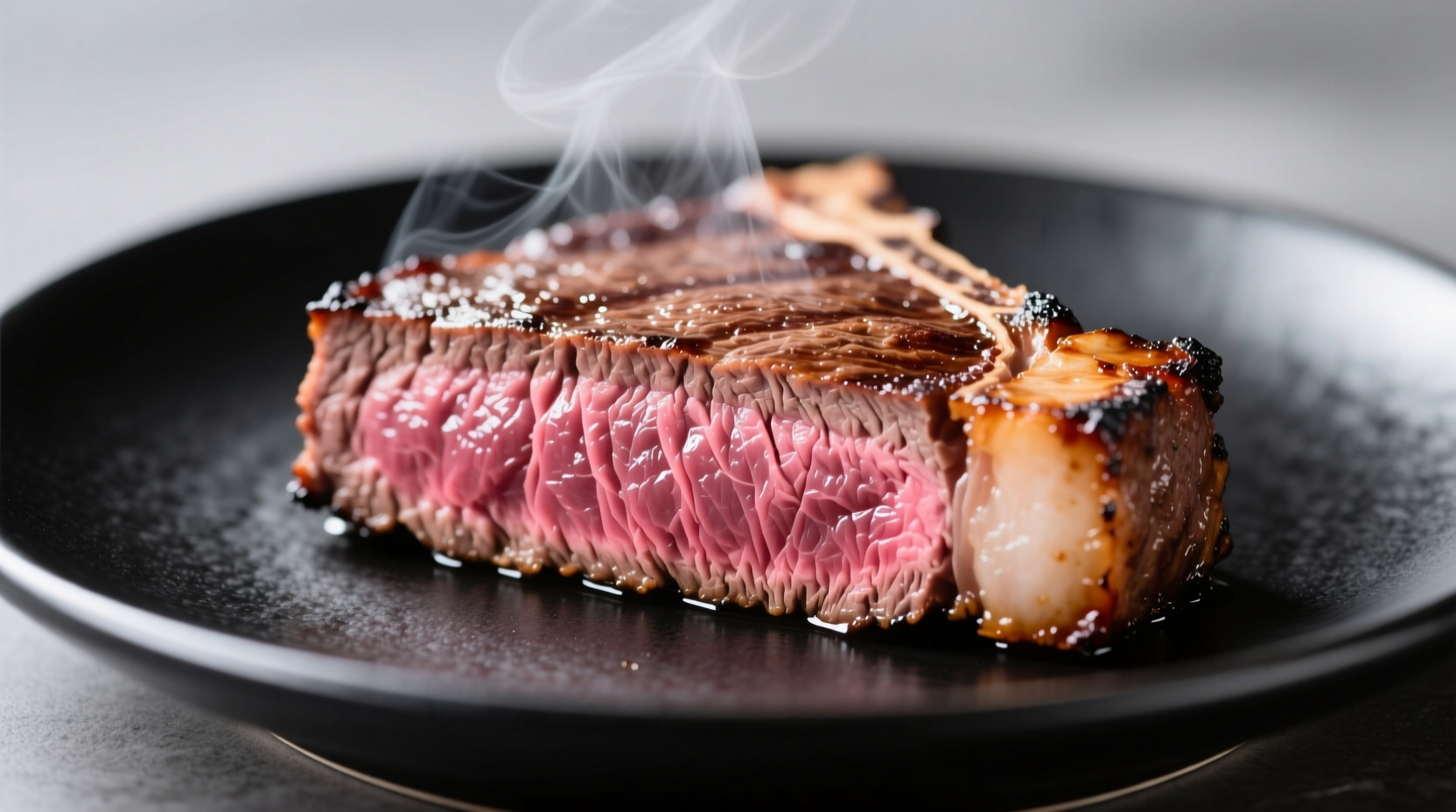 Medium well steak cross-section showing thin pink center