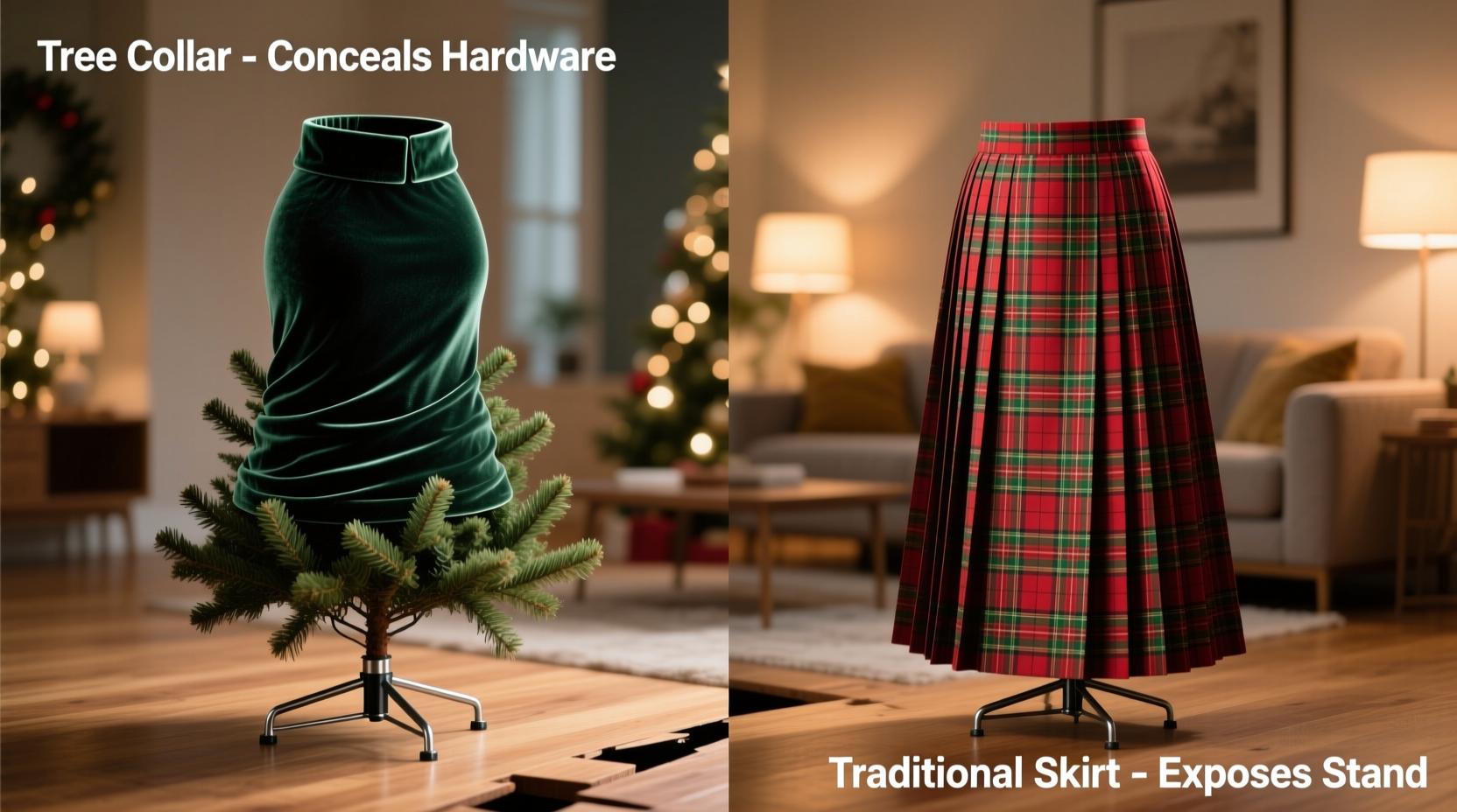 christmas tree collar vs traditional skirt which better conceals stand hardware and adapts to uneven floors