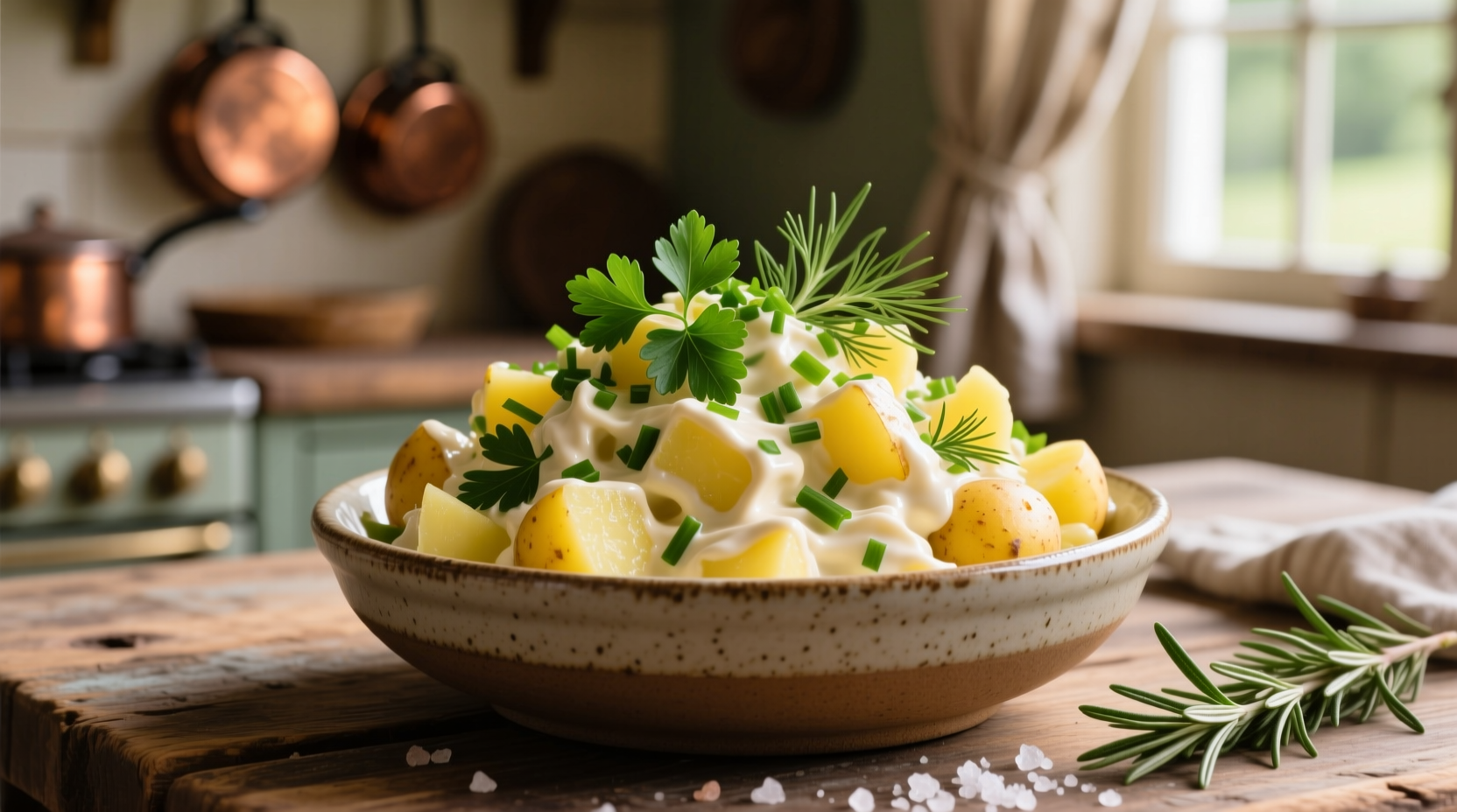 Creamy egg-free potato salad with fresh herbs