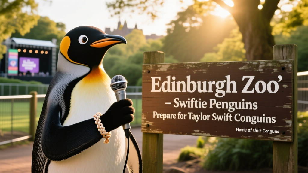 Edinburgh Zoo sign with a penguin mascot holding a tiny microphone and wearing a friendship bracelet