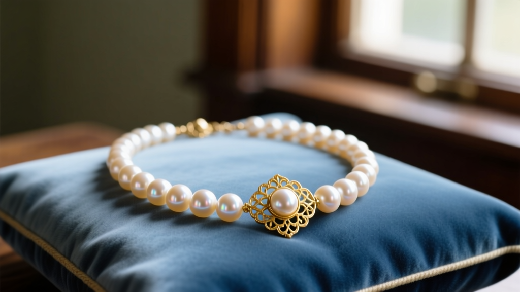 Vintage 1950s 6mm Akoya pearl necklace on faded blue velvet, highlighting cream overtones and a 14k gold filigree clasp.