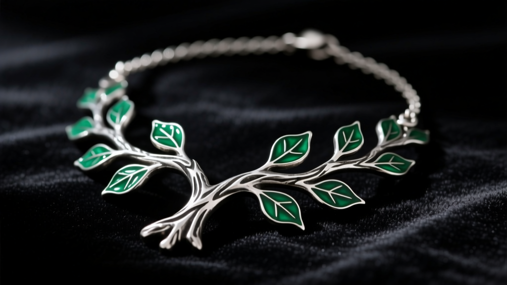 Close-up of an oxidized sterling silver poison tree necklace with dark green enamel leaves resting on black velvet in moody light.