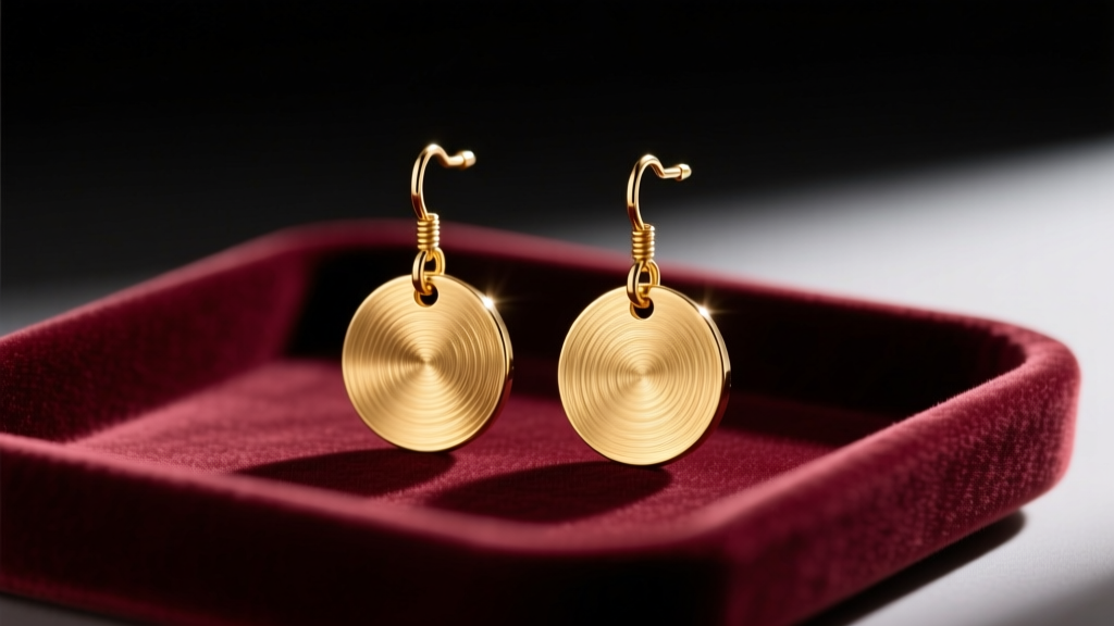 Close-up of 14k solid gold disc drop earrings on a velvet tray, showcasing brushed metal texture and secure 20-gauge post