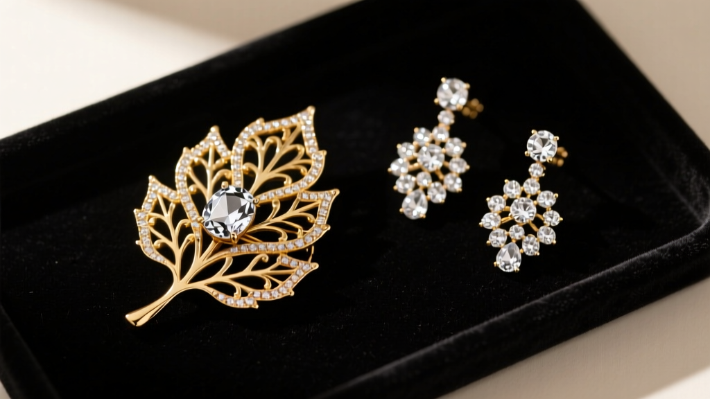 Overhead flat lay of vintage gold-plated leaf brooch and rhinestone earrings on dark velvet tray under soft directional lighting