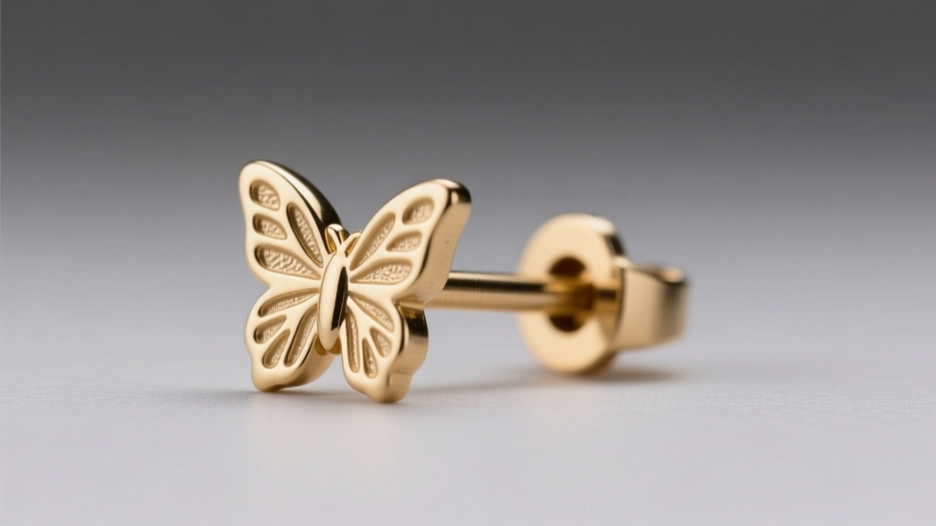 Extreme close-up of a 0.8mm brass earring post with a butterfly friction back, showing the tension groove and metal stamping.