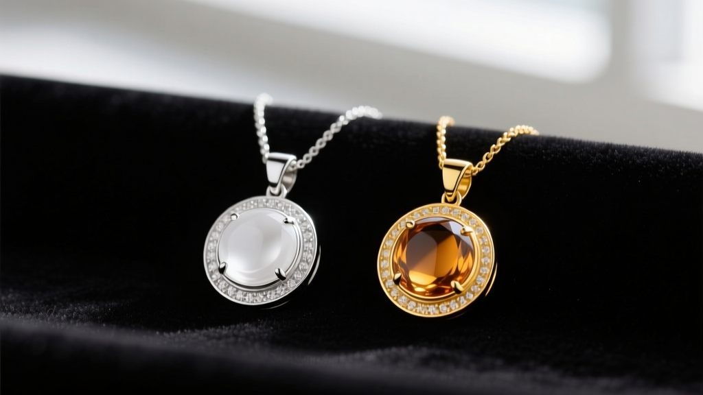Macro view of 14k white gold and 18k yellow gold pendant necklaces on dark velvet, emphasizing subtle alloy color differences.