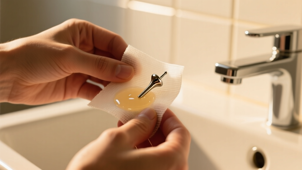 Hands holding sterile gauze soaked in warm saline against a 16-gauge titanium cartilage stud, macro shot, warm bathroom lighting.