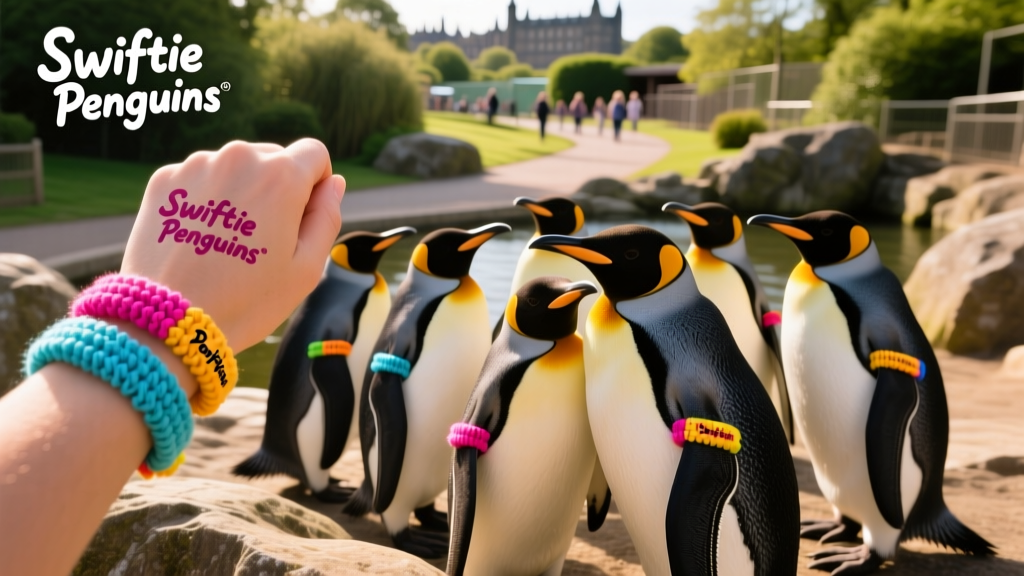 A group of penguins at Edinburgh Zoo wearing colorful friendship bracelets on their flippers