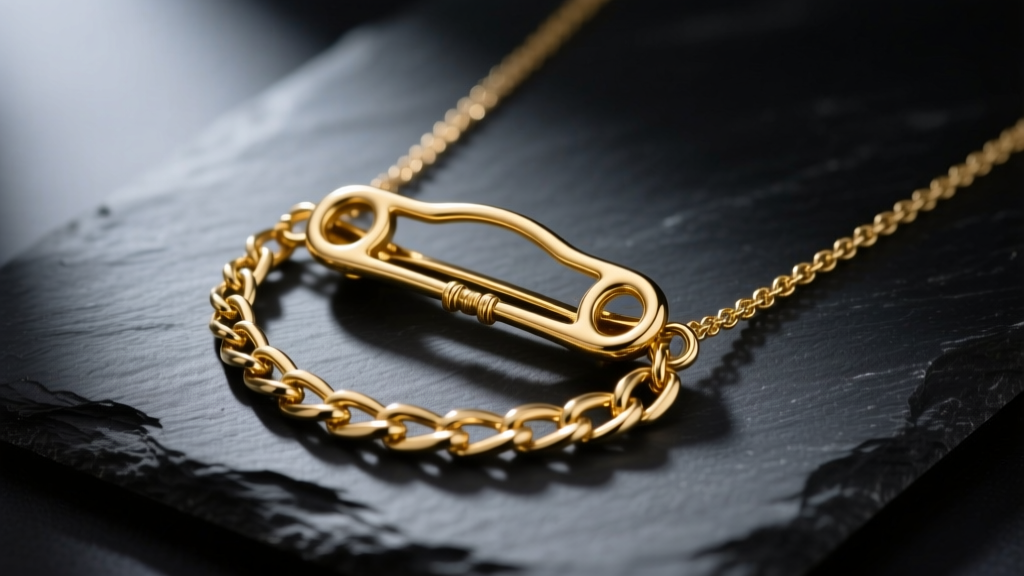 Close-up of a gold-plated brass decorative necklace clip connecting two chain styles, resting on dark slate under moody lighting
