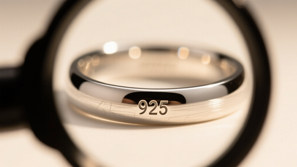 Macro shot of a jeweler's loupe inspecting a tiny 925 stamp on a polished sterling silver ring band under warm studio lighting.