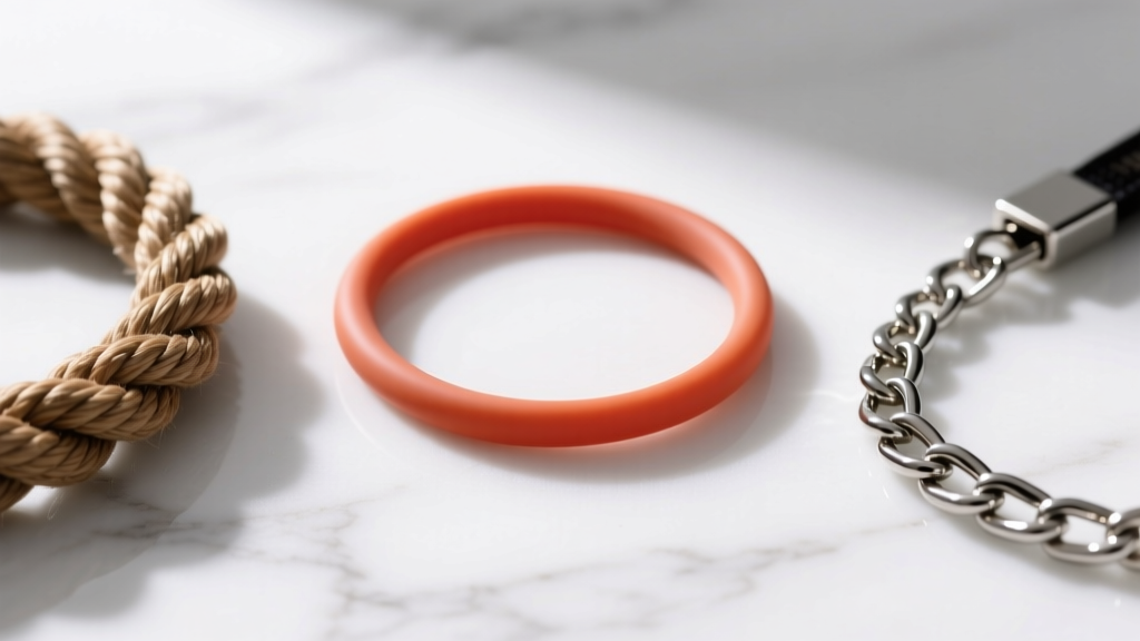 Close-up of 2mm silicone cord, 6mm braided nylon rope, and steel chain phone lanyards resting on a clean white marble surface