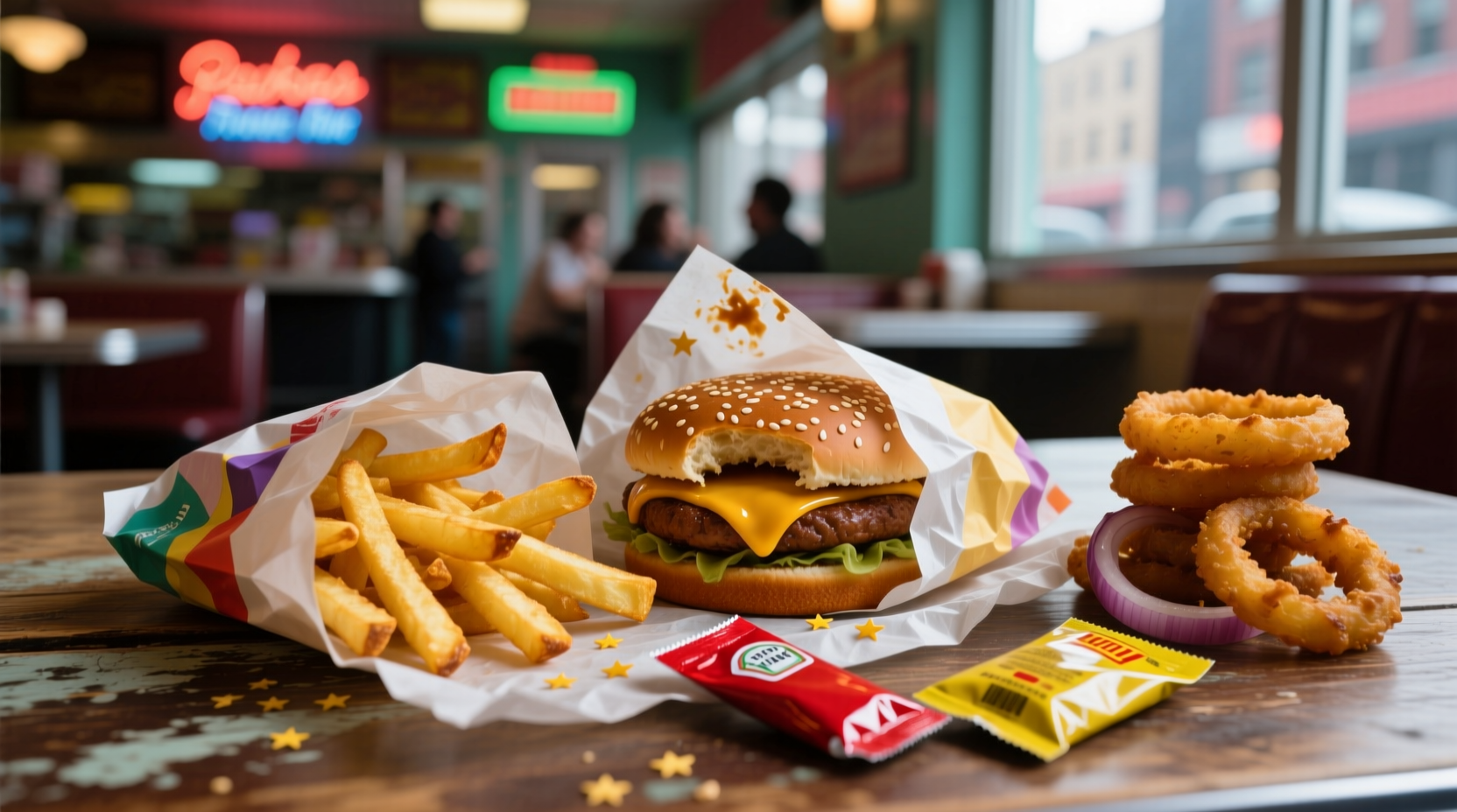 Fast food items on paper wrappers with condiment packets