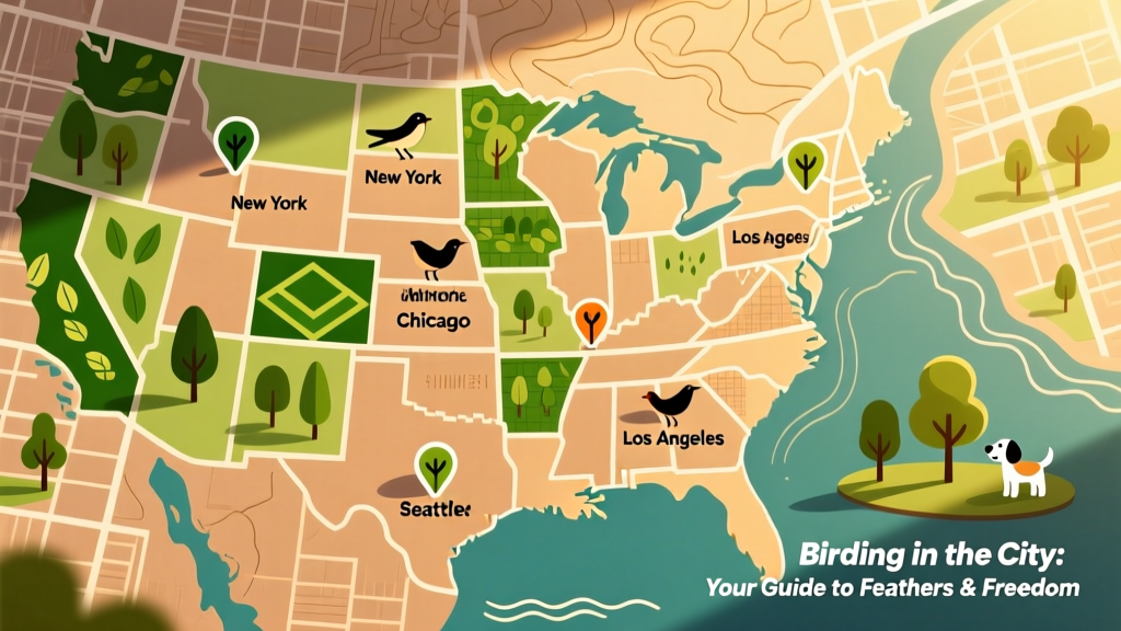 Colorful illustrated map showing urban birding hotspots in major U.S. cities, with icons for parks, green roofs, and waterfront areas