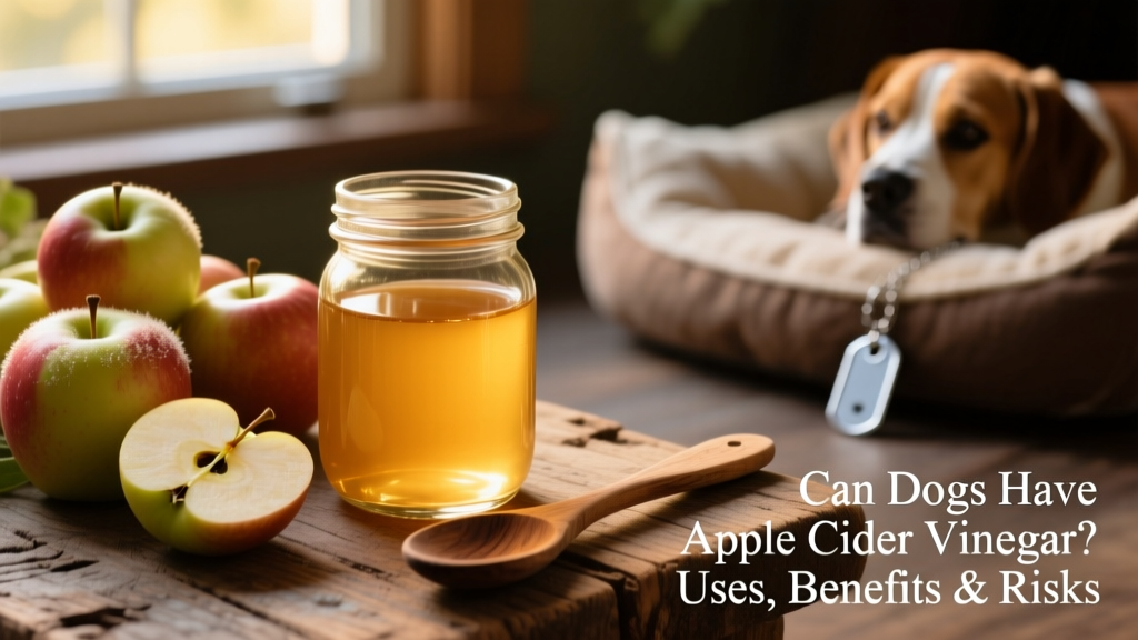 Close-up of a glass jar filled with golden apple cider vinegar next to fresh apples and a wooden spoon