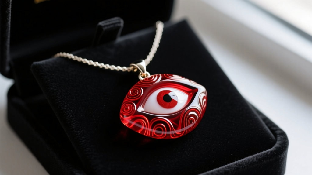 Close-up of a vibrant red evil eye necklace pendant made of hand-blown Murano glass resting on a dark velvet jewelry display pad.