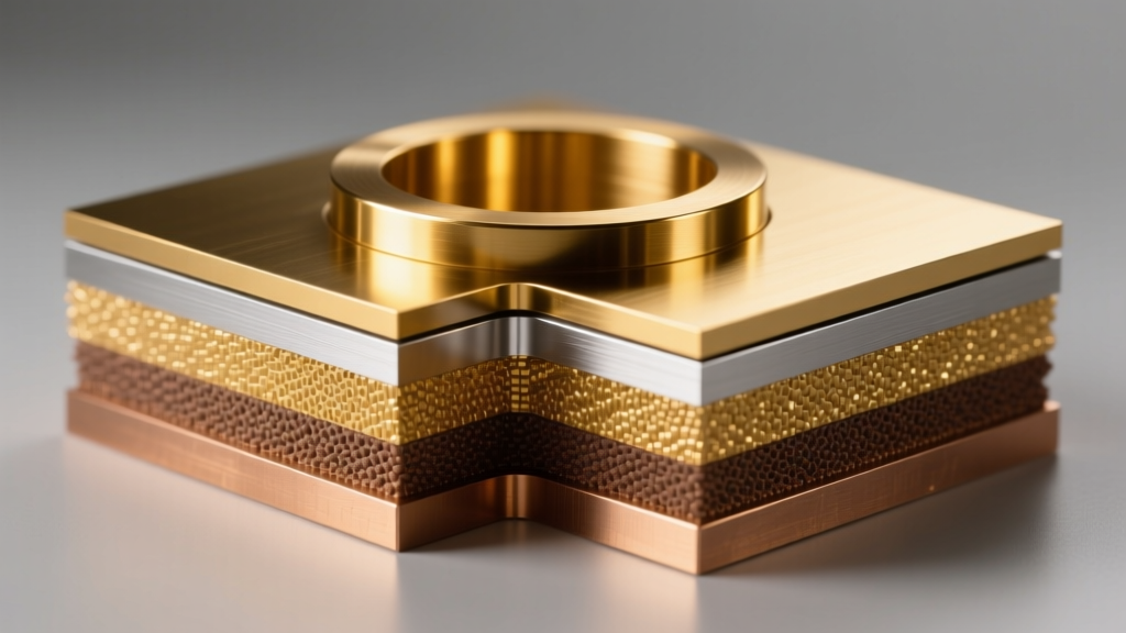 Cross-section diagram showing micron layers of gold electroplating over a nickel barrier and brass core under bright lab lighting